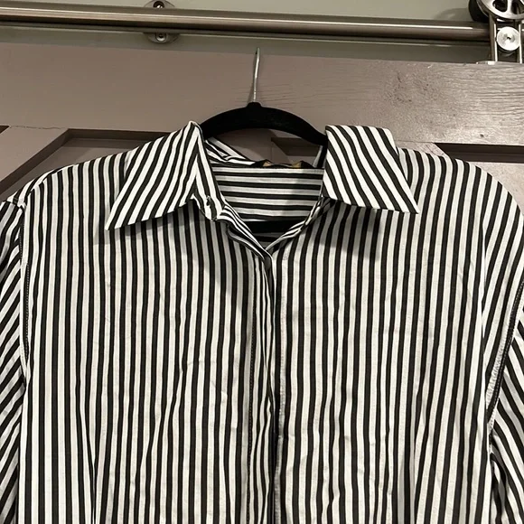 Massimo Dutti long sleeve belted button down black &white 3/4 length dress XS/S - Picture 2 of 16